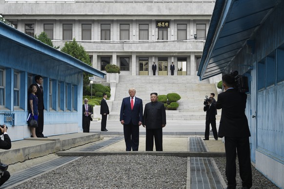 FILE - In this June 30, 2019, file photo, President Donald Trump meets with North Korean leader Kim Jong Un at the border village of Panmunjom in the Demilitarized Zone, South Korea. (AP Photo/Susan W ...
