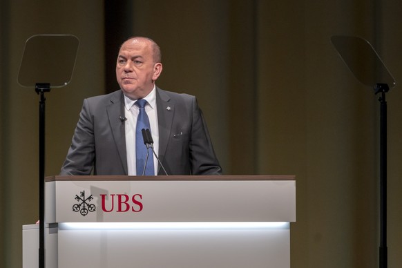 epa07542002 Axel A. Weber, Chairman of the Board of Directors of Swiss Bank UBS, speaks during the general assembly of the UBS in Basel, Switzerland, during the general assembly of the UBS in Basel, S ...