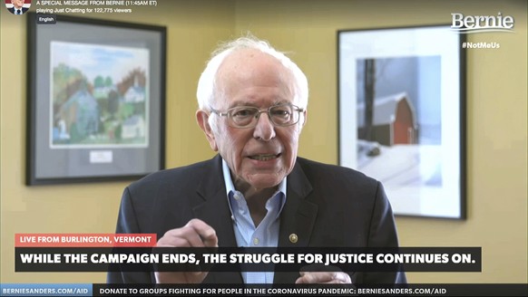 This image from video provided by the Bernie Sanders presidential campaign shows Sen. Bernie Sanders, I-Vt., as he announces he is ending his presidential campaign Wednesday, April 8, 2020, in Burling ...