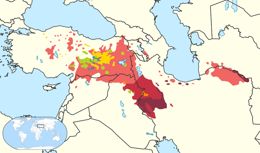 Kurdische Dialekte: Hellrot = Kurmandschi, Rot = Sorani, Dunkelrot = Pehlewani. Grün = gemischte Zonen. Zazaki (Gelb) und Gorani (Orange) sind keine kurdischen Dialekte, sondern andere iranische Sprac ...