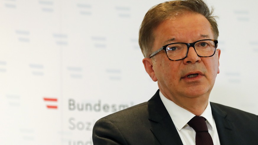 Austrian health minister Rudolf Anschober announces his resignation due to health problems and overworking in Vienna, Austria, Tuesday, April 13, 2021. Anschober said that he couldn