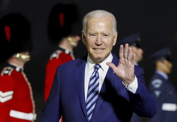 U.S. President Joe Biden waves on his arrival on Air Force One at Cornwall Airport Newquay, in Newquay, England, ahead of the G7 summit, Wednesday, June 9, 2021. (Phil Noble/Pool Photo via AP)
Joe Bid ...