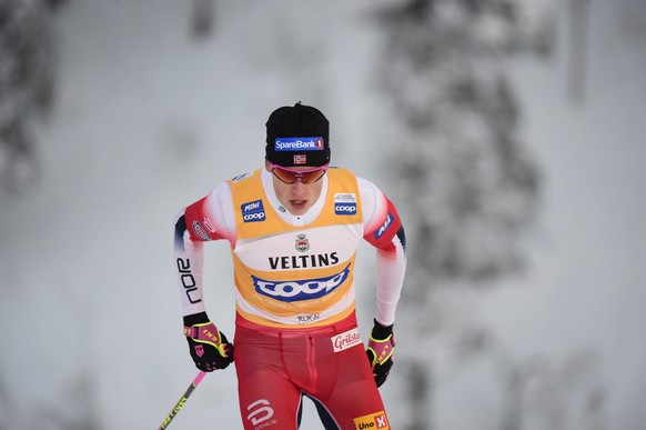 Johannes Hosflot Klaebo of Norway competes during men&#039;s cross country skiing freestyle 15 km pursuit competition at the FIS World Cup Ruka Nordic event in Kuusamo, Finland, Sunday, Nov. 29, 2020. ...