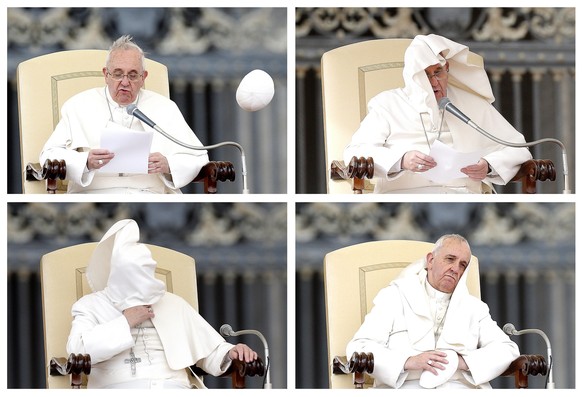 epa04087877 A composite picture shows Pope Francis struggeling with the wind during the general audience in St. Peter&#039;s Square, Vatican City, 19 February 2014. His papal skullcap (Zucchetto) was  ...