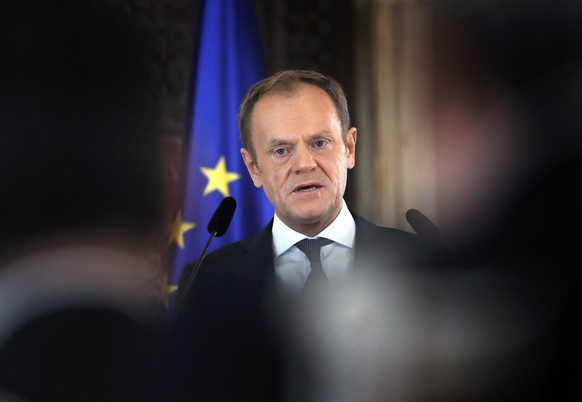epa08269151 European People&#039;s Party (EPP) President Donald Tusk delivers a speech, before Romanian President Klaus Iohannis (not pictured) to receive the &#039;European Society Coudenhove-Kalergi ...