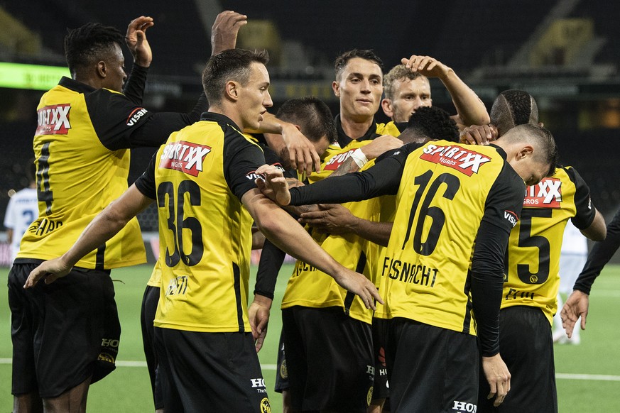 Young Boys� player celebrate their first goal during a UEFA Europa League play off soccer match between Switzerland&#039;s BSC Young Boys and Albanias KF Tirana, on Wednesday, October 1, 2020, at the  ...