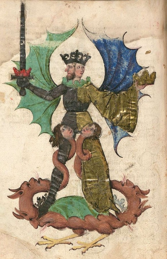 Der Hermaphrodit in der Alchemie war das Symbol der Aufhebung aller Gegensätze. Das Bild stammt aus der mittelalterlichen Handschrift «Codex Palatinus Germanicus».