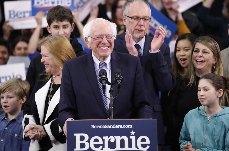 Democratic presidential candidate Sen. Bernie Sanders, I-Vt., speaks to supporters at a primary night election rally in Manchester, N.H., Tuesday, Feb. 11, 2020. (AP Photo/Pablo Martinez Monsivais)
Be ...