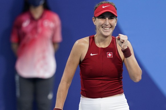 Belinda Bencic, of Switzerland, reacts after defeating Jessica Pegula, of the United States, during the tennis competition at the 2020 Summer Olympics, Saturday, July 24, 2021, in Tokyo, Japan. (AP Ph ...