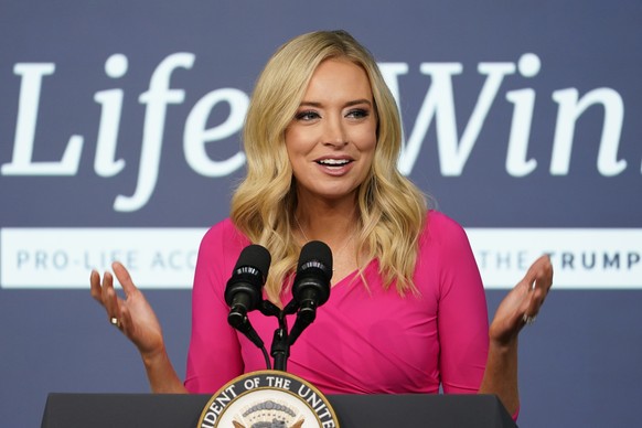 White House press secretary Kayleigh McEnany speaks during a Life is Winning event in the South Court Auditorium on the White House complex in Washington, Wednesday, Dec. 16, 2020. (AP Photo/Susan Wal ...