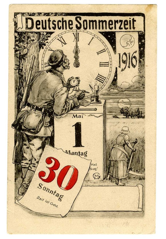 Postkarte zur Einführung der Sommerzeit in Deutschland am 30. April 1916.