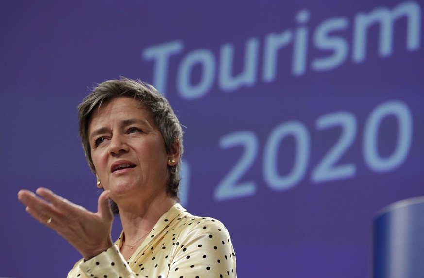 epa08418877 EU Commission Vice-President Margrethe Vestager gives a press conference on the strategic orientations of the European Tourism and Transport Package at European Commission in Brussels, Bel ...