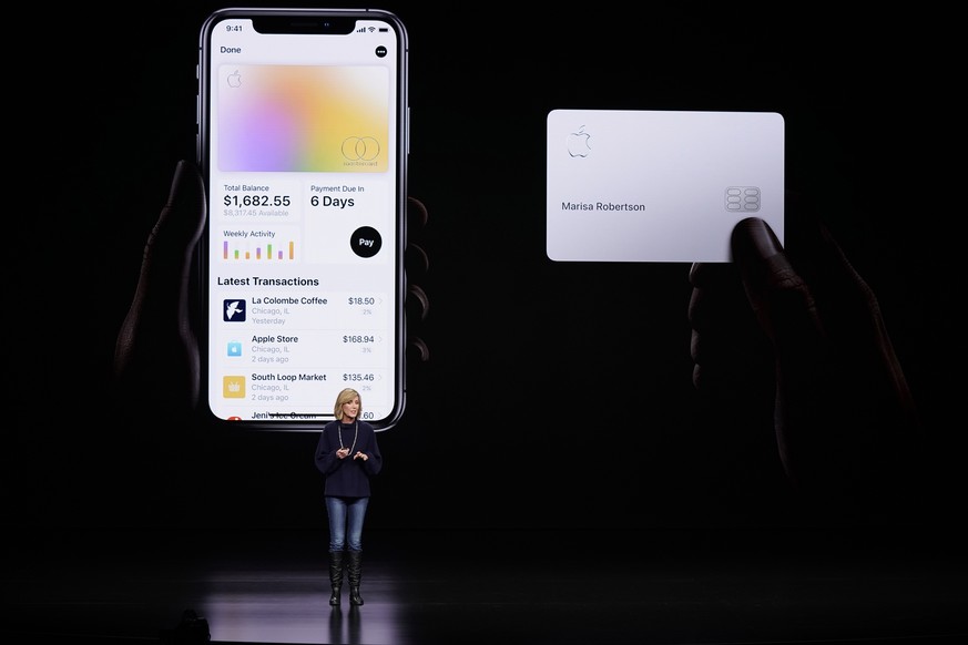FILE - In this March 25, 2019, file photo, Jennifer Bailey, vice president of Apple Pay, speaks about the Apple Card at the Steve Jobs Theater in Cupertino, Calif. A spokeswoman for the New York Depar ...