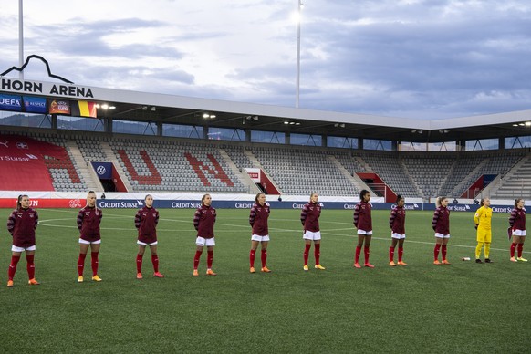 Switzerland&#039;s player pose during the national anthem before the UEFA European Women&#039;s Championship 2022 qualification round Group H match between Switzerland and Belgium, at the Stockhorn Ar ...