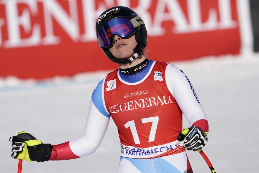 Switzerland&#039;s Lara Gut-Behrami reacts in the finish area of an alpine ski, women&#039;s World Cup super G, in Garmish Partenkirchen, Germany, Sunday, Feb. 9, 2020. (AP Photo/Giovanni Auletta)