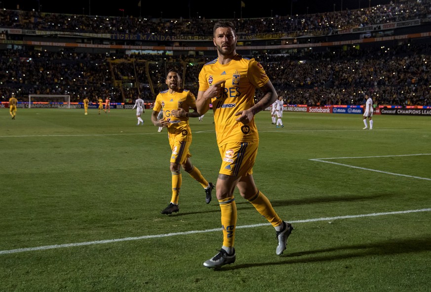 epa08251168 Andre Gignac (C) of Tigres UANL celebrates after scoring against Alianza FC during the Concacaf Champions League round of 16 match between Tigres UANL of Mexico and Alianza FC of El Salvad ...