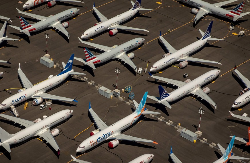 epa08175494 (FILE) - An aerial view of Boeing 737 Max 8 aircraft parked at Boeing Field in Seattle, Washington, USA, 21 July 2019 (reissued 29 January 2020). Boeing on 29 January 2020 published their  ...