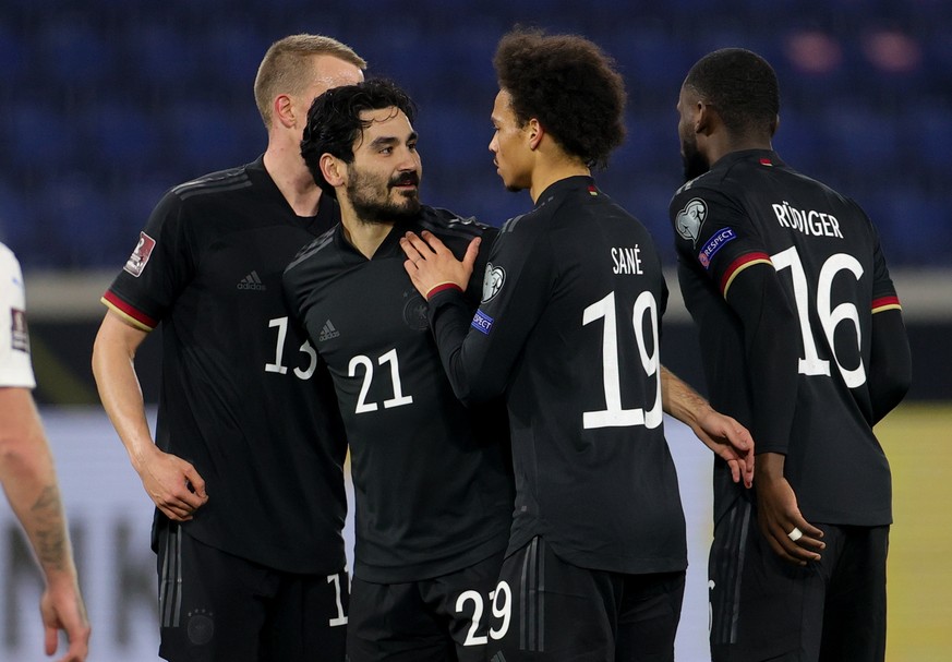 epa09097740 Germany&#039;s Ilkay Guendogan (2nd - L) celebrates after scores for 3-0 lead with Germany&#039;s Lukas Klostermann (L), Germany&#039;s Leroy Sane (2nd -R) and Germany&#039;s Antonio Ruedi ...