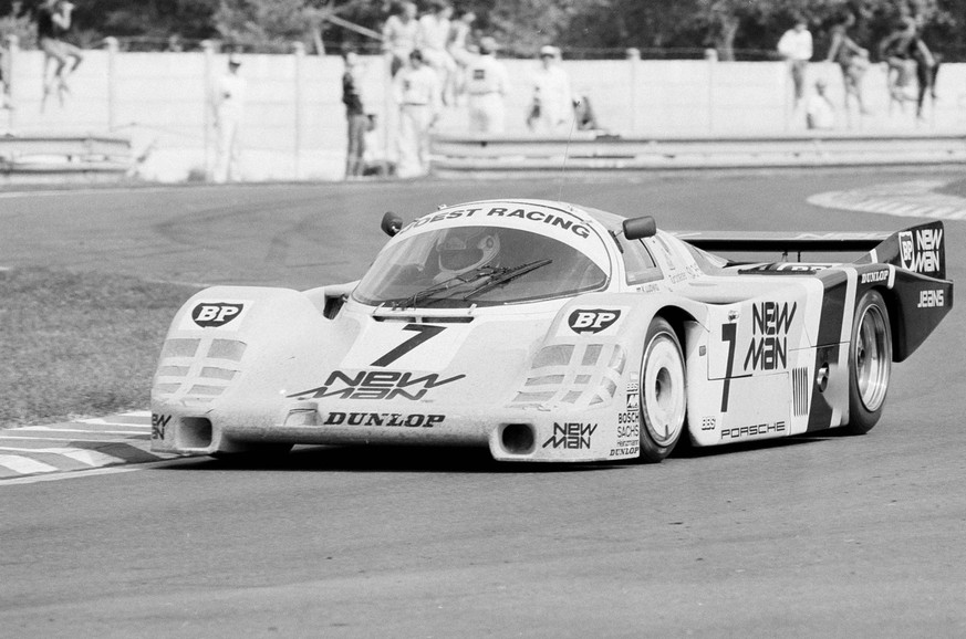 The Porsche 956 N97 in action shortly before winning the 53rd edition of the Le Mans 24 hours endurance race, June 16, 1985. The car was steered by German Klaus Ludwig and John Winter and by Italian P ...