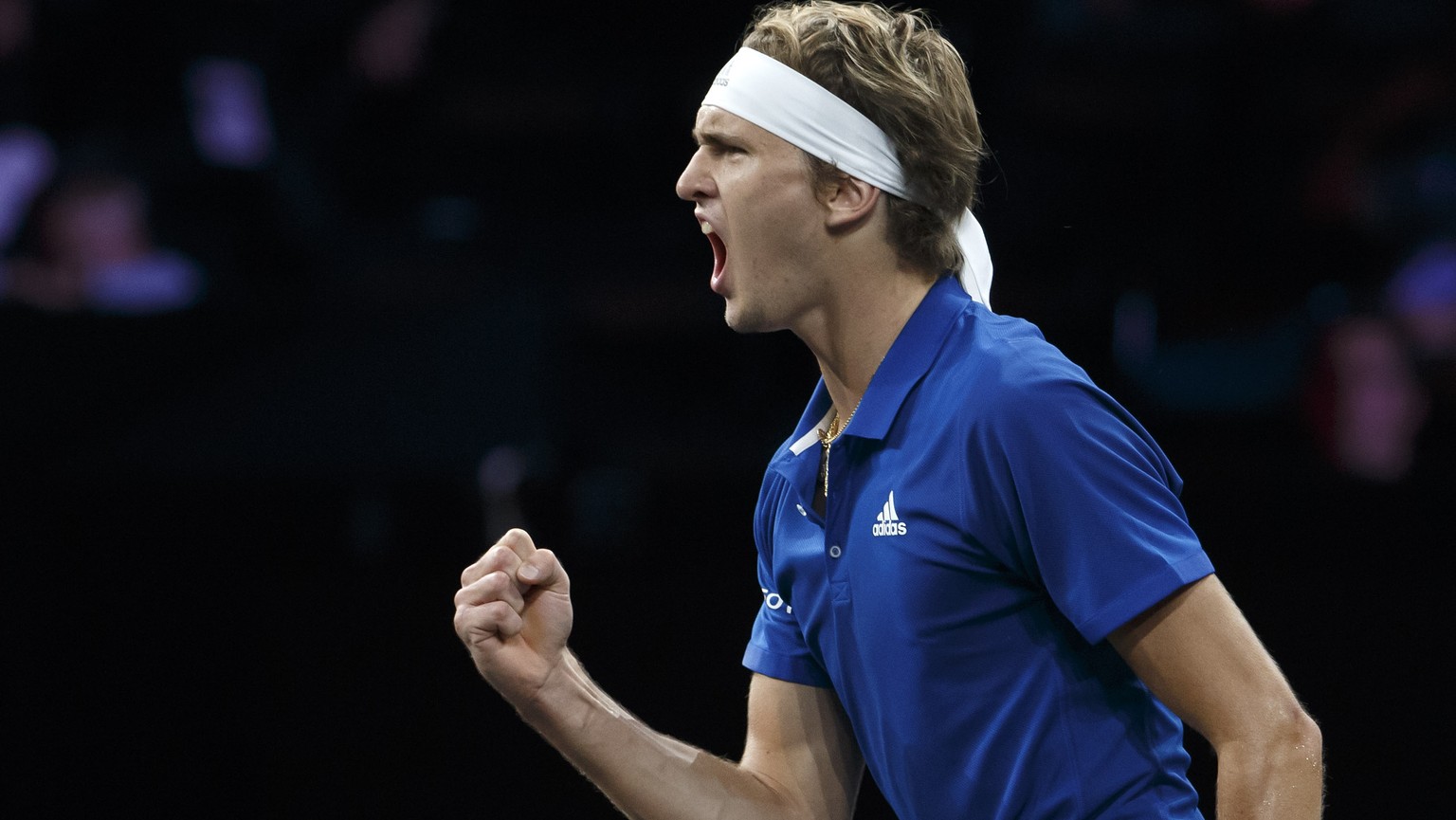 Team Europe&#039;s Alexander Zverev, reacts after winning a set against Team world&#039;s Milos Raonic, during their single match, at the Laver Cup tennis event, in Geneva, Switzerland, Sunday, Septem ...