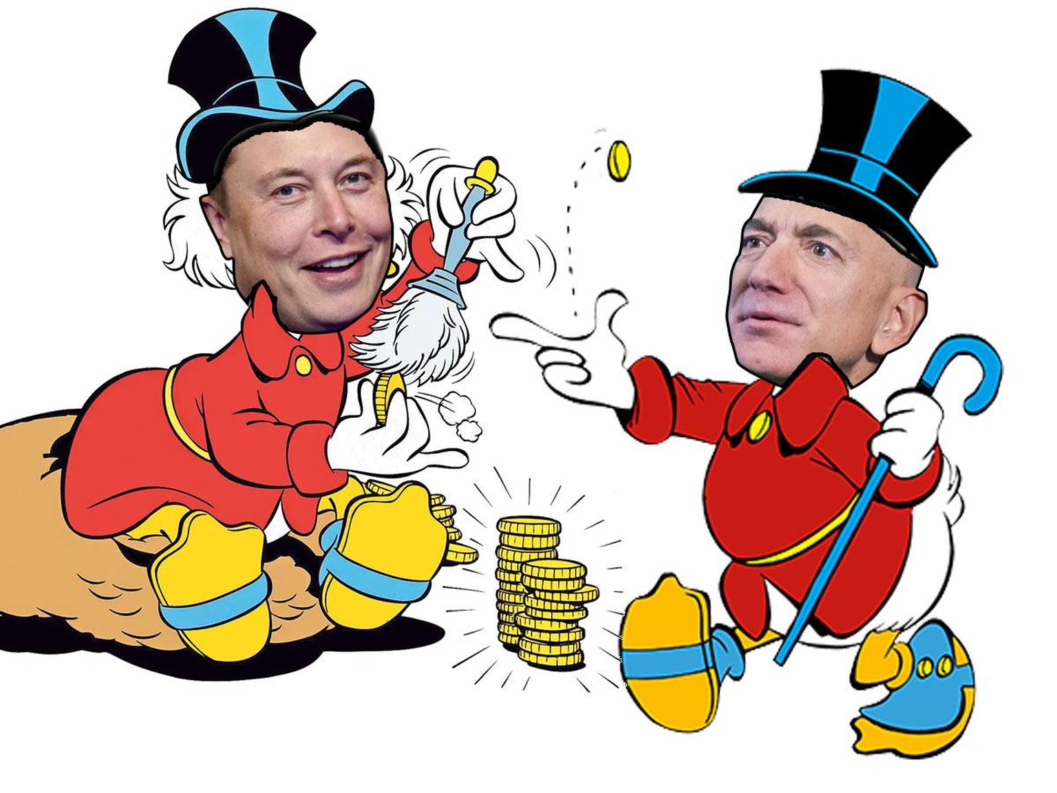Elon Musk und Jeff Bezos als Dagobert Duck