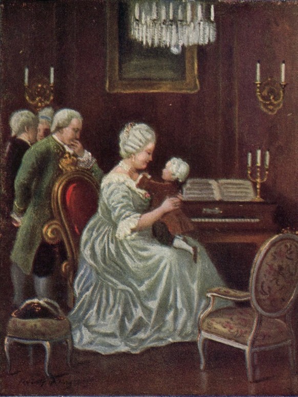 Der kleine Mozart auf dem Schoss von Kaiserin Maria Theresia.