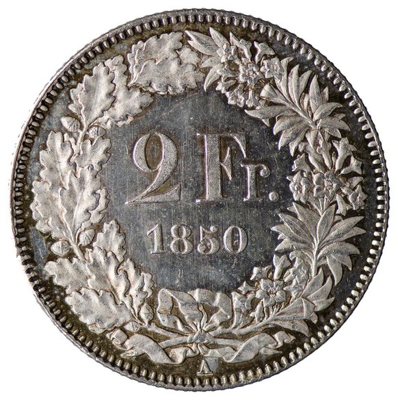 Schweiz. 2 Franken 1850. Ø 2,69 cm. 10,02 g. 360°. Silber, geprägt.