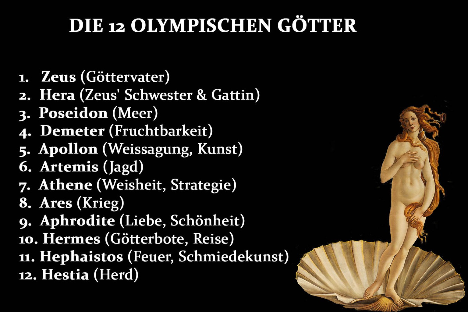 Die 12 olympischen Götter nach der griechischen Mythologie.