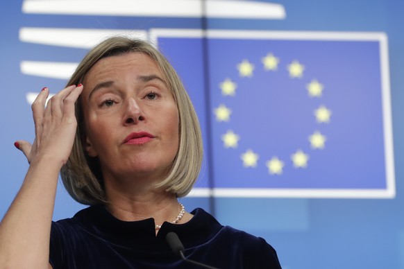 epa07567714 European Union foreign policy chief Federica Mogherini give a press conference during a joint Foreign Affairs Council / Eastern Partnership in Brussels, Belgium, 13 May 2019. EPA/OLIVIER H ...
