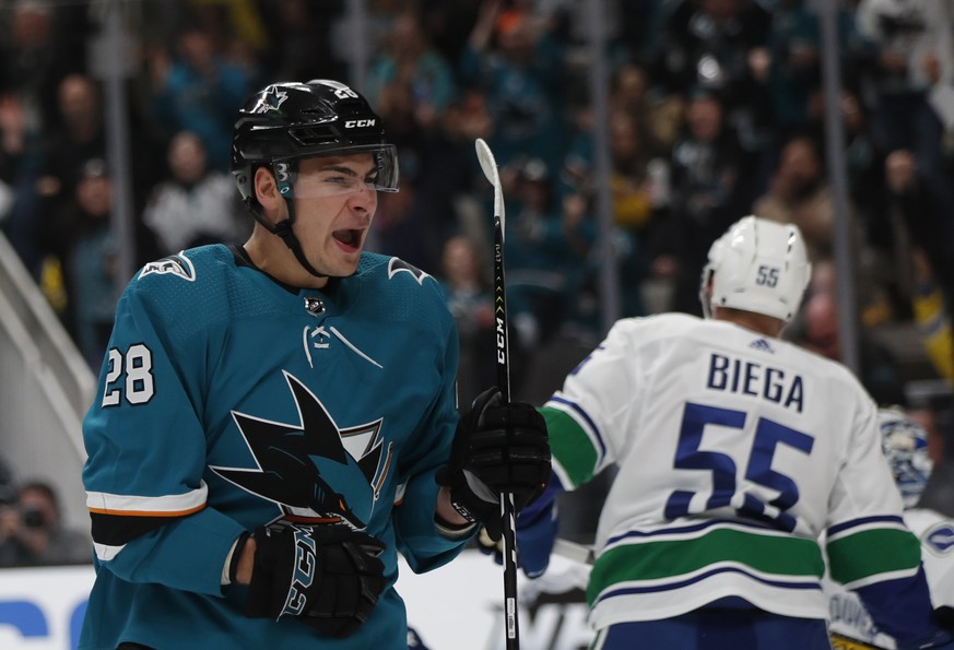 San Jose Sharks&#039; Timo Meier (28) celebrates after scoring against the Vancouver Canucks during the first period of an NHL hockey game Saturday, Feb. 16, 2019, in San Jose, Calif. (AP Photo/Josie  ...