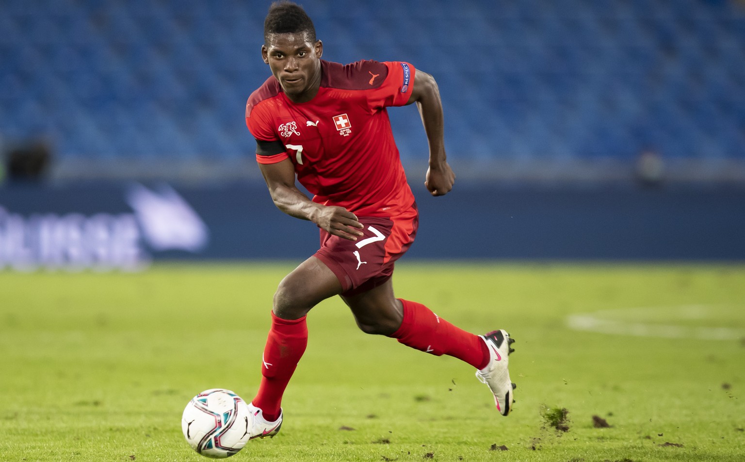Switzerland&#039;s Breel Embolo in action during the UEFA Nations League group 4 soccer match between Switzerland and Germany at the St. Jakob-Park stadium in Basel, Switzerland, on Sunday, September  ...