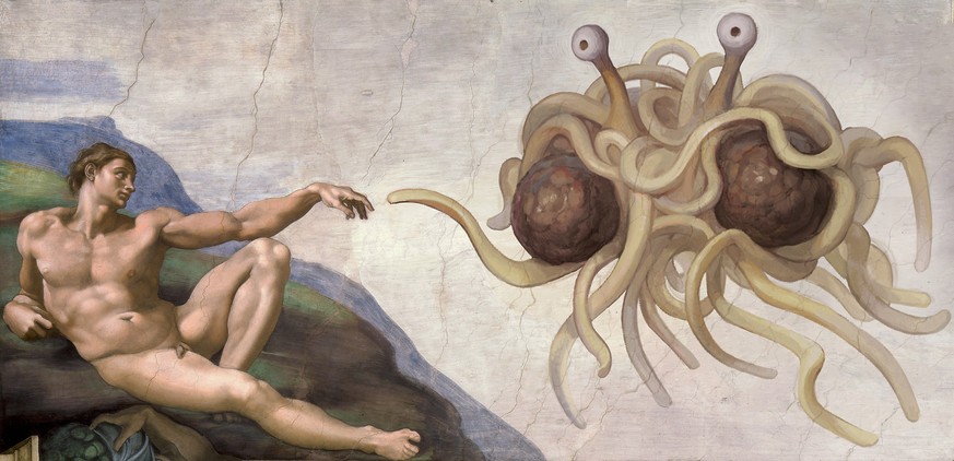 Flying Spaghetti Monster pastafarian atheisten atheismus ramen religion religionskritik sekte michelangelo touched by his noodly appendage fliegendes spaghettimonster https://de.wikipedia.org/wiki/Fli ...