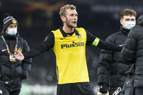 YB&#039;s Fabian Lustenberger gestures after the Europa League, Group A, soccer match between BSC Young Boys and PFC CSKA-Sofia, on Thursday, November 5, 2020, at the Wankdorf Stadium in Berne, Switze ...