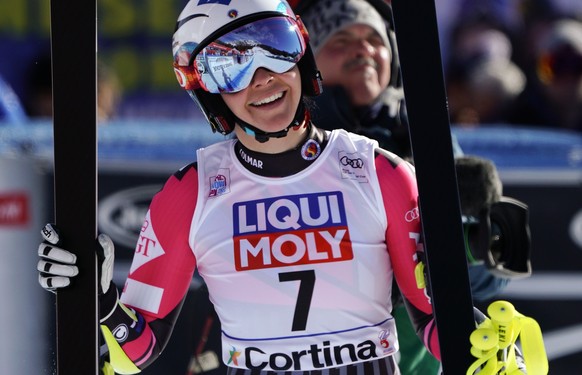 Liechtenstein&#039;s Tina Weirather reacts after completing an alpine ski, women&#039;s World Cup super-G in Cortina D&#039;Ampezzo, Italy, Sunday, Jan. 20, 2019. (AP Photo/Giovanni Auletta)