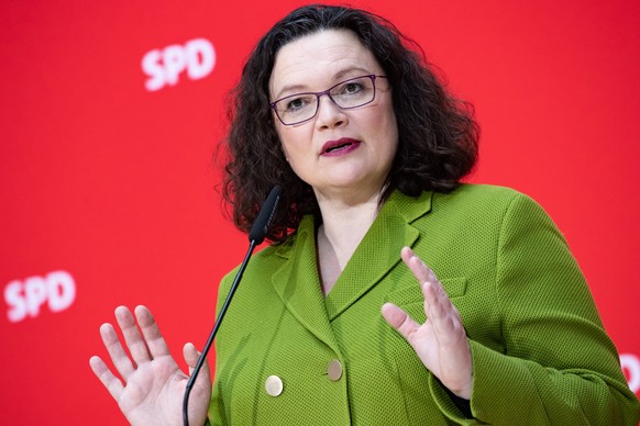 epa07327626 Social Democratic Party (SPD) chairwoman and faction chair in the German parliament Bundestag Andrea Nahles speaks during a presser after a board meeting at the SPD&#039;s headquarters Wil ...