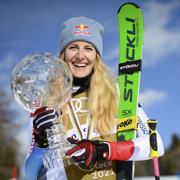 Fanny Smith of Switzerland celebrates with the crystal globe of the overall women&#039;s Ski Cross World Cup on the podium after the women&#039;s Ski Cross, at the FIS Ski Cross, SX, World Cup Finals, ...