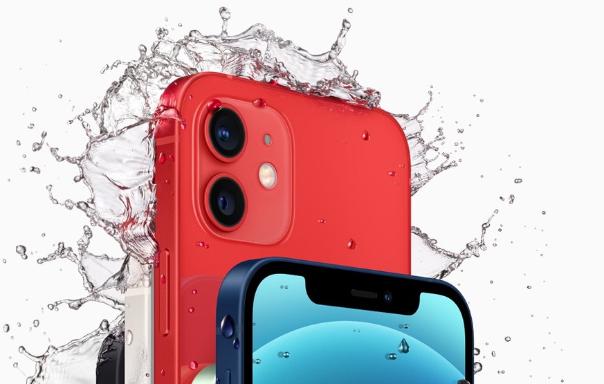 epa08741490 Handout image released by Apple showing the new iPhone 12 and iPhone 12 mini which have an IP68 rating for water resistance, introduced during a special event at Apple Park in Cupertino, C ...