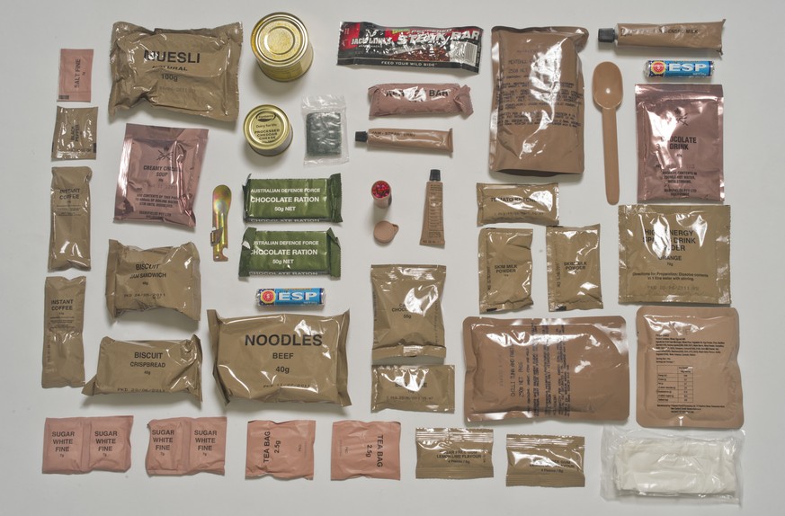 Copyright Sarah Lee - Ration packs and thier contents for G2. Australien