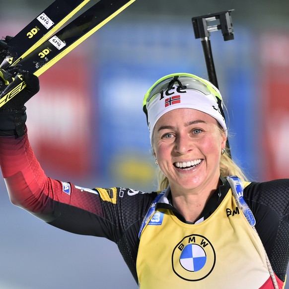 Tiril Eckhoff of Norway celebrates winning the women&#039;s 10-kilometer pursuit race at the Biathlon World Cup in Nove Mesto na Morave, Czech Republic, Saturday, March 13, 2021. (Lubos Pavlicek/CTK v ...