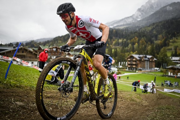 Nino Schurter of Switzerland, during the Men?s Elite Cross-Country Olympic&#039;s race at the the UCI mountain bike world championships, on Saturday, October 10, 2020, in Leogang, Austria. (KEYSTONE/G ...