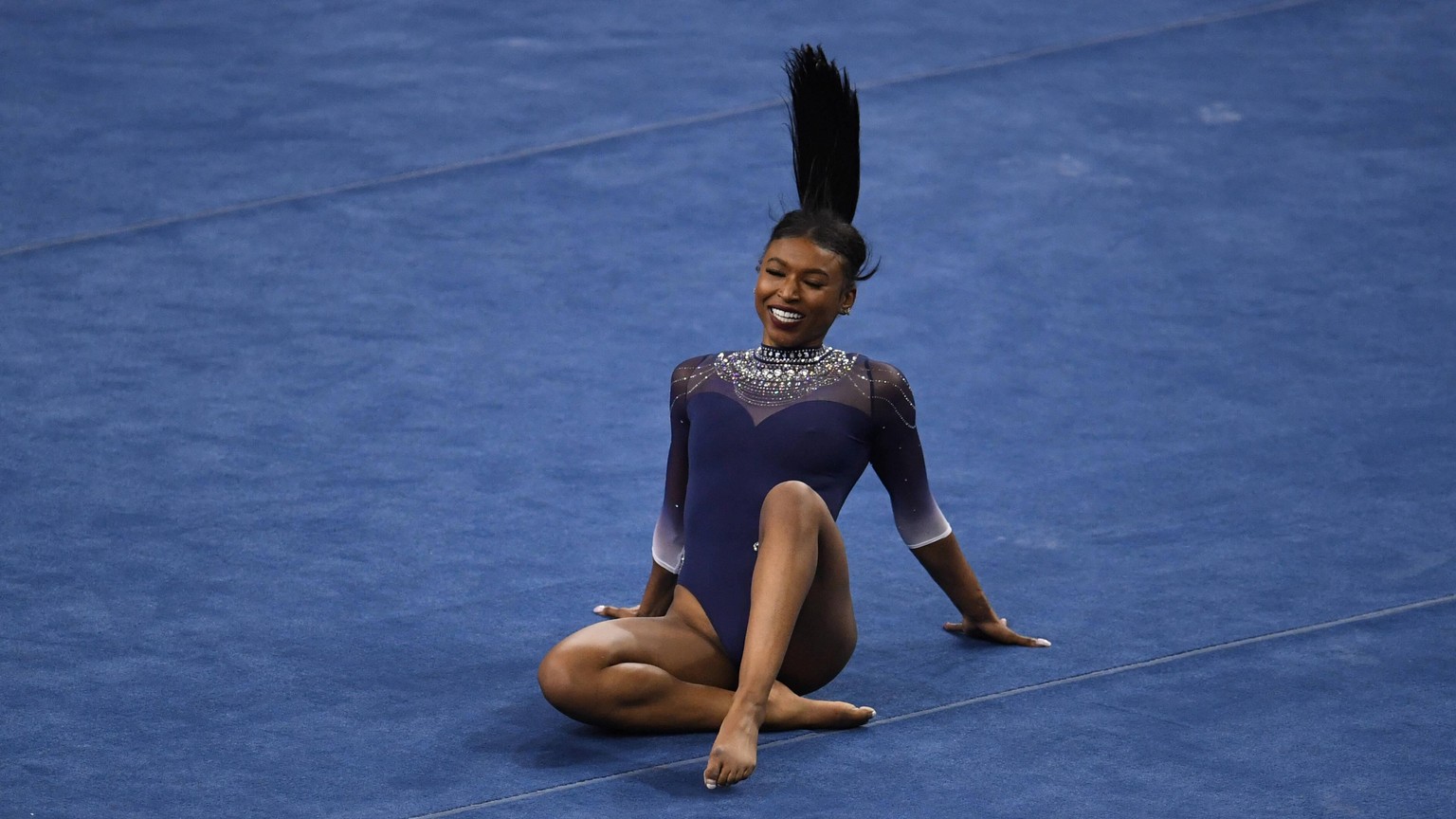 January 23, 2021, Los Angeles, California, USA: UCLA Bruins gymnast Nia Dennis competes in the floor exercise against the Arizona State Wildcats during the season opener in Pauley Pavilion on the camp ...