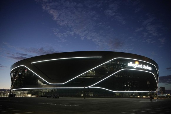 Lights adorn Allegiant Stadium, new home of the Las Vegas Raiders football team, as it nears completion Wednesday, July 22, 2020, in Las Vegas. The stadium will also serve as the home for the UNLV foo ...