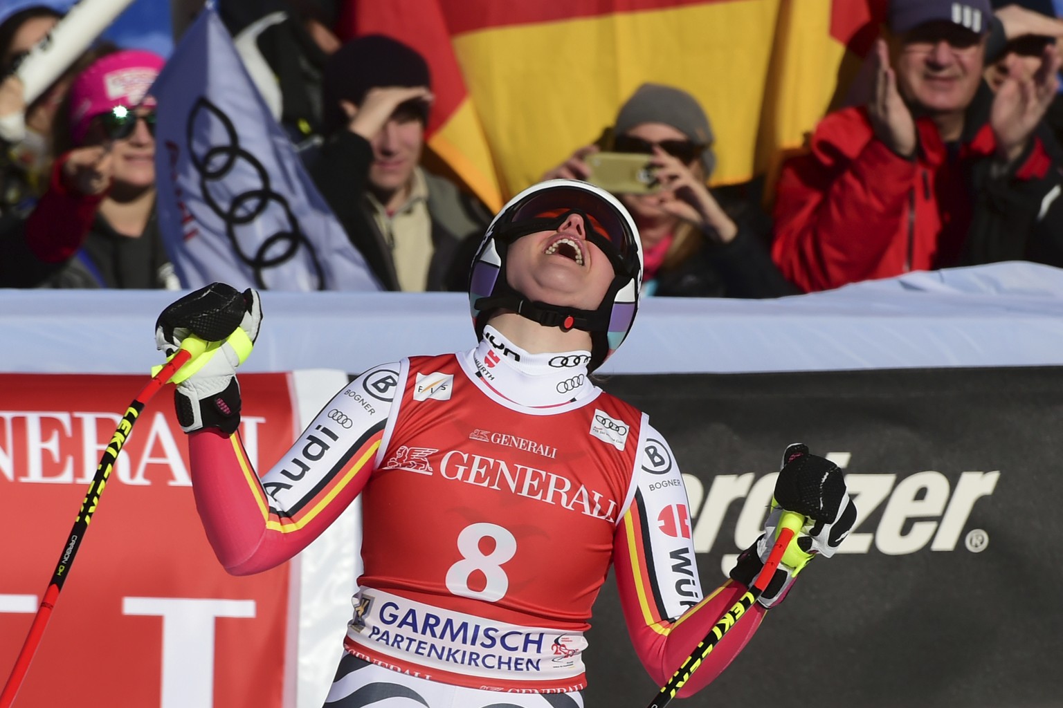 Germany&#039;s Viktoria Rebensburg reacts as she crosses the finish line of an alpine ski, women&#039;s World Cup downhill, in Garmish Partenkirchen, Germany, Saturday, Feb. 8, 2020. (AP Photo/Marco T ...