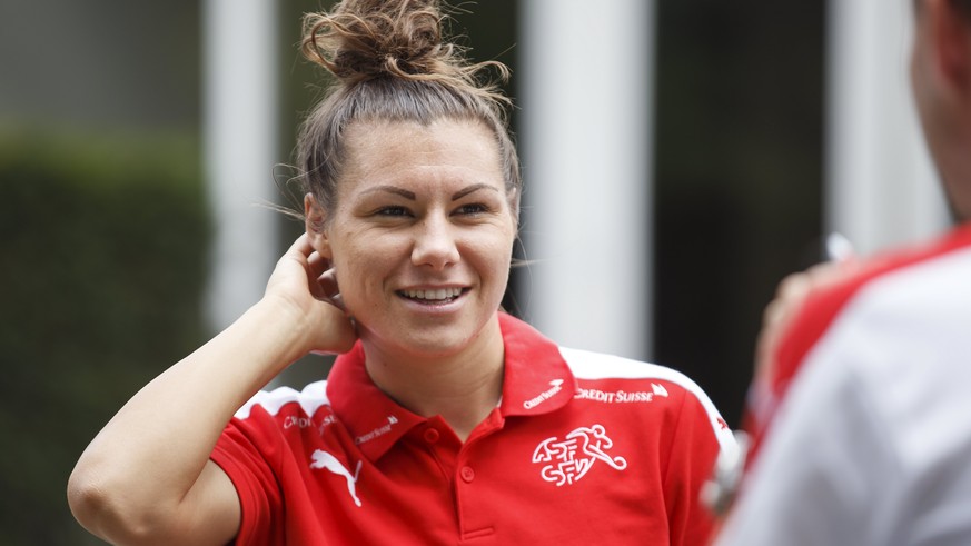 epa06099183 Switzerland&#039;s forward Ramona Bachmann waits prior to an interview with reporters in Doorwerth, The Netherlands, Thursday, July 20, 2017. The team of Switzerland plays Iceland in their ...
