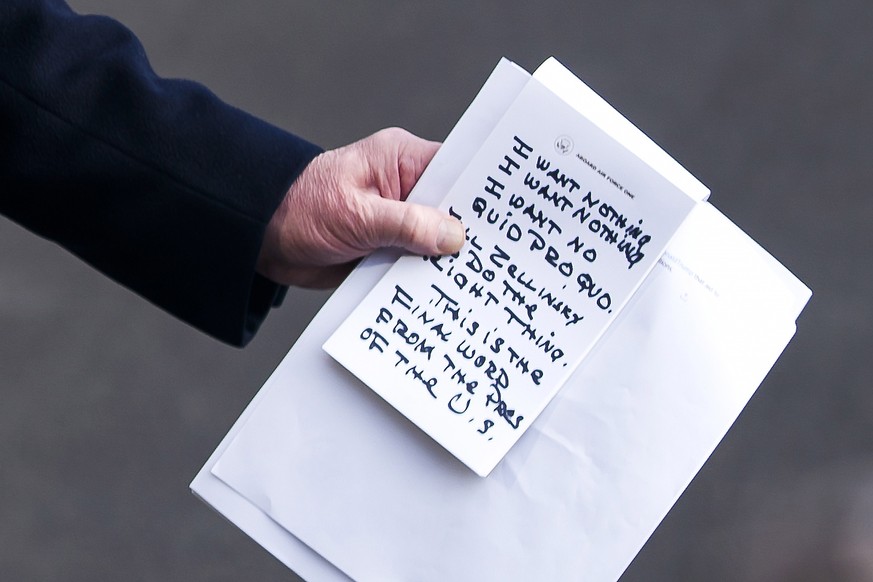 epa08939622 (FILE) A close-up view of US President Donald J. Trump&#039;s notes as he speaks to the media about the impeachment proceedings as he departs for a tour of an Apple facility in Austin, Tex ...
