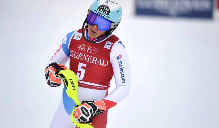 epa09071674 Wendy Holdener of Switzerland reacts in the finish area after taking the third place in the women&#039;s Slalom race of the FIS Alpine Skiing World Cup in Are, Sweden, 13 March 2021. EPA/P ...