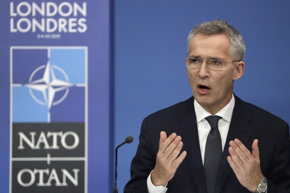 NATO Secretary General Jens Stoltenberg speaks during a media conference at the conclusion of a NATO leaders meeting at The Grove hotel and resort in Watford, Hertfordshire, England, Wednesday, Dec. 4 ...