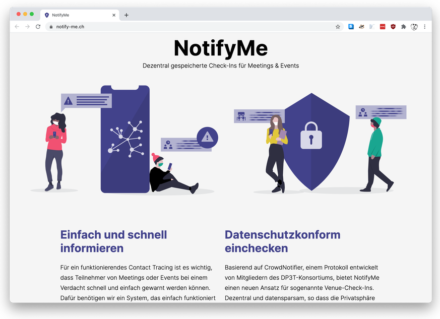 Die Website zur Schweizer NotifyMe-App, die dazu beitragen soll, Corona-Cluster zu bekämpfen.