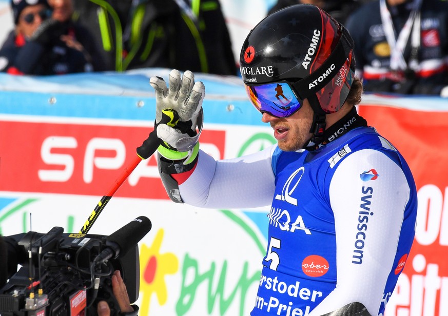 epa08258754 Mauro Caviezel of Switzerland reacts in the finish area during the men&#039;s Super G race of the FIS Alpine Skiing World Cup in Hinterstoder, Austria, 29 February 2020. EPA/EXPA/ERICH SPI ...