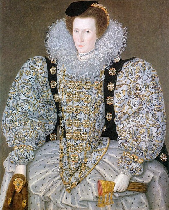 Juwelenmaske tragendes Wiesel auf dem Porträt einer unbekannten Dame von William Segar, um 1595. Das Gemälde hängt in der Ferens Art Gallery in Kingston upon Hull.